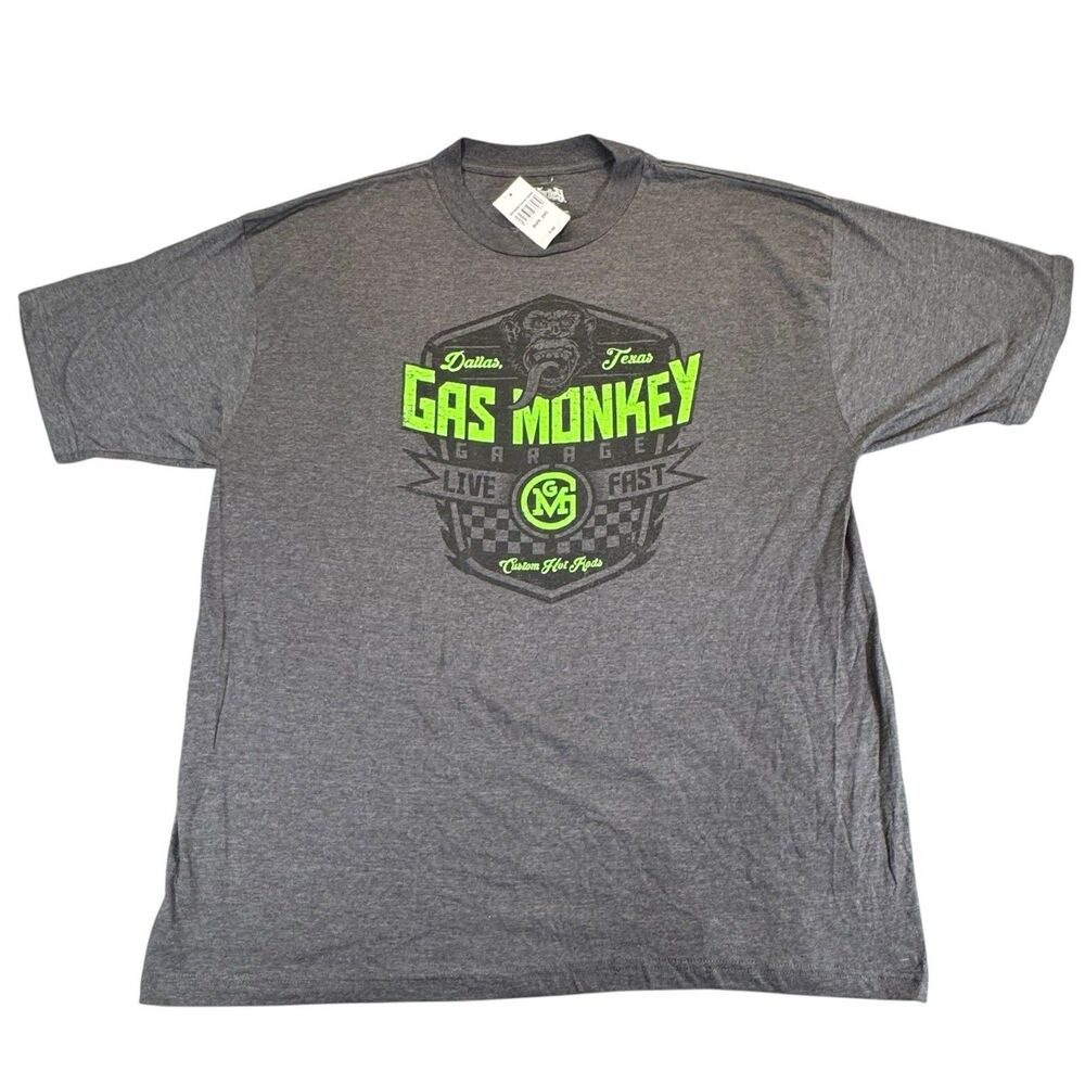 Rare Gas Monkey Garage Sz XXL Mens Charcoal Grey/ Lime Green T-Shirt Live Fast